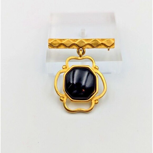 Vintage Karl Lagerfeld Gold Tone Black Plastic Cabochon Brooch Pin Rare